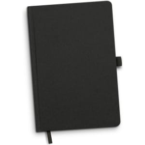 A black notebook with a textured cover, featuring a ribbon bookmark and an elastic closure. It has a logo on the cover.