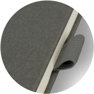 A grey notebook with a textured cover and an elastic closure strap, featuring a branding logo.