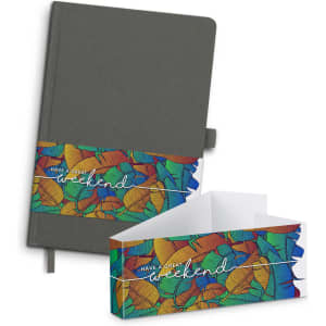A grey notebook with a colourful leaf design on a band, accompanied by a matching envelope.