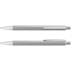 A metal pen with a sleek silver design featuring a ribbed grip and a clip. It has a branding logo.
