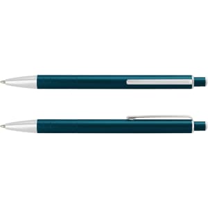A teal metal pen with a silver clip and grip, featuring a sleek design and branding.
