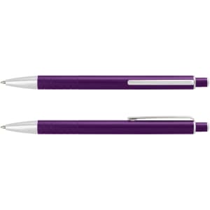 A metal pen in vibrant purple with silver accents, featuring a textured grip and clip.