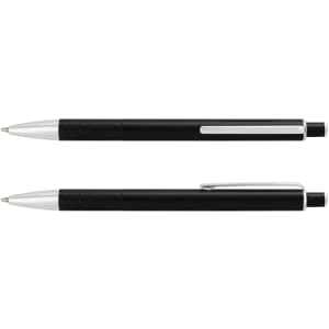 A metal pen set in black with silver accents and a textured grip, featuring a logo on the pen body.