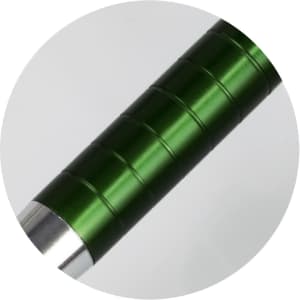 A green metal pen featuring a textured grip and a silver tip, with a branding logo visible.