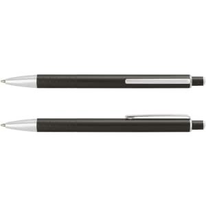 A metal pen in black with silver accents and a textured grip, featuring a logo on the barrel.