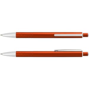 An orange metal pen with a silver clip and accents, featuring a sleek design.