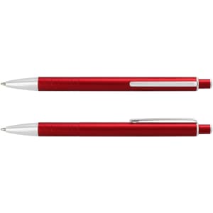 A red metal pen with silver accents, featuring a ribbed grip and a clip. The pen appears sleek and modern.