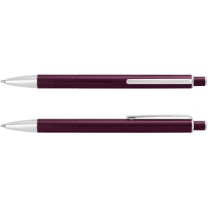 A metal pen in a dark burgundy colour with silver accents, featuring a textured grip and a clip.
