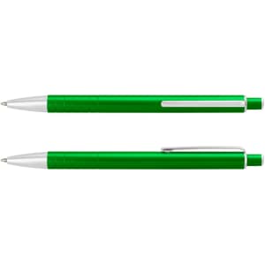 A green metal pen with a silver clip and accents, featuring a textured grip. It has a sleek design with a logo.