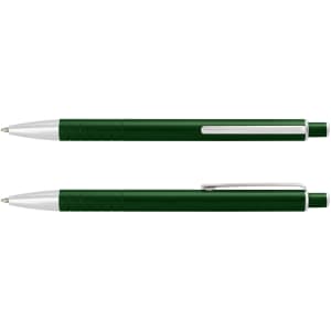 A metal pen in dark green with silver accents and a textured grip. Features branding on the barrel.
