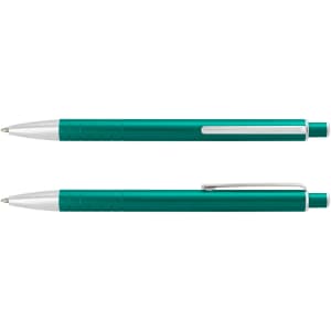 A metal pen with a teal barrel and chrome accents, featuring a grip section and a clip.