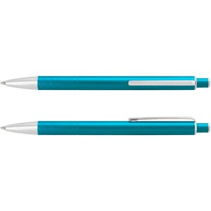 A turquoise metal pen with silver accents and a rubber grip. Features a clip and a sleek design.
