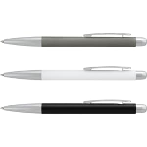 A metal pen set featuring three colours: grey, white, and black, with chrome accents and clips.