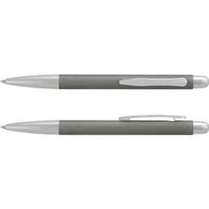 A metal pen in grey and silver, featuring a sleek design and a branding logo.