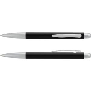 A metal pen in black with silver accents, featuring a sleek design and a clip. Includes a branding logo.