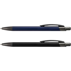 A metal pen set featuring a navy blue pen and a black pen, both with silver accents and clip designs.