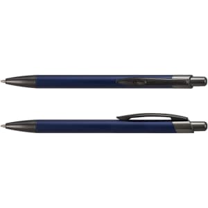 A metal pen in navy blue with a clip and black accents, featuring a sleek design and a branding logo.