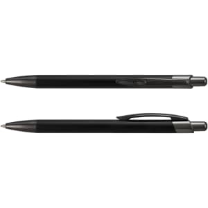 A metal pen in black with a sleek design, featuring a clip and a smooth-writing tip. It has a branding logo.