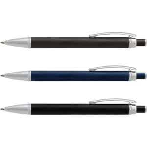 A set of three metal pens in black, navy blue, and silver, featuring a textured grip and chrome accents.