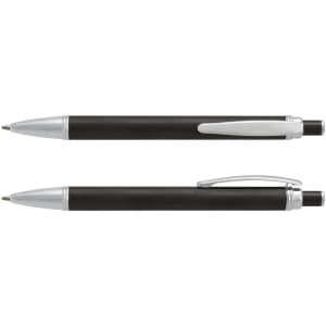 A sleek black Guilloche pen featuring silver accents, presented with a logo. Two pens displayed, top and bottom view.