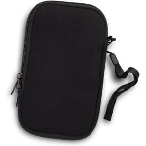 A black phone sleeve with a zipper closure, featuring a wrist strap for easy carrying.