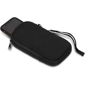 A black phone sleeve with a zip closure, featuring a sleek design and a small carrying strap.