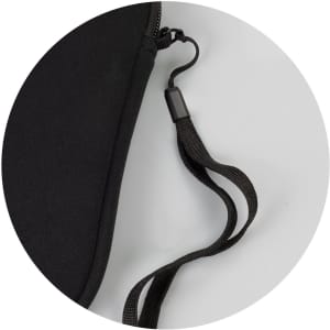 A black phone sleeve featuring a textured strap and zipper for secure storage. Contains branding on the fabric.