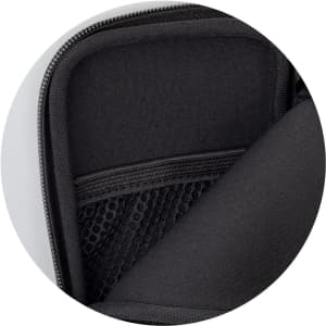 A close-up of a black and grey zipper phone sleeve featuring mesh storage pockets inside.