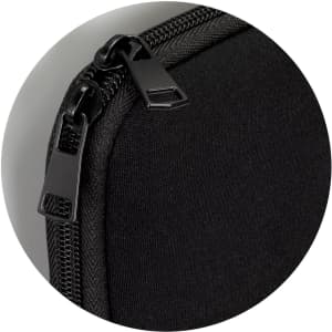 A black phone sleeve featuring a zippered closure and a textured exterior, with a logo visible on the fabric.