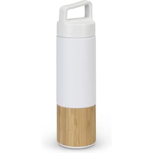 A drink bottle with a white upper section and a bamboo lower section. It features a handle and a logo.