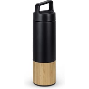 A drink bottle featuring a black top section and a bamboo lower section, with a sturdy handle and a logo.