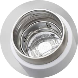 A drink bottle with a stainless steel interior and a white exterior, featuring a logo at the top.