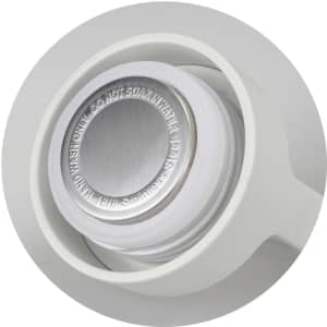 A drink bottle featuring a grey stainless steel base and a white screw-on lid, with a logo on the side.