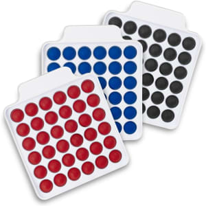 Three square fidget popper boards in red, blue, and black, featuring multiple poppable dots on a white background.