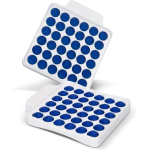 A square fidget popper board featuring a white base with blue poppers arranged in a grid pattern.