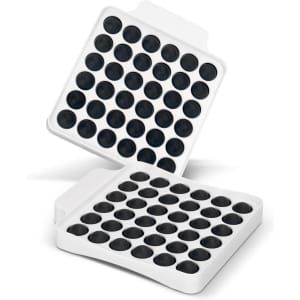 A square fidget popper board featuring multiple black popping bubbles on a white background. Has a small logo.
