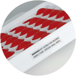 A square fidget popper board featuring red popper buttons set in a white base, surrounded by a circular border.