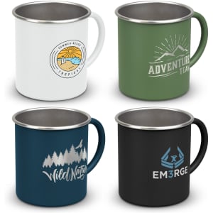 A set of four coffee mugs in white, green, blue, and black, each featuring different designs and a handle.
