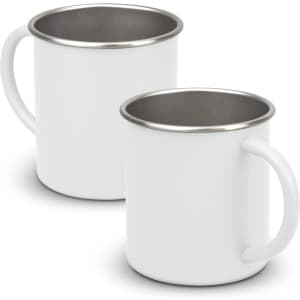 A white coffee mug with a stainless steel interior and a handle, featuring a simple design.