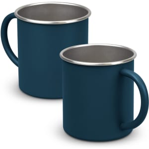 A drink mug in dark teal with a stainless steel rim and handle, showcasing a simple and modern design.