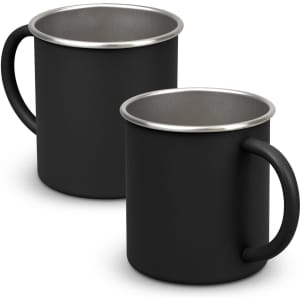 A drink mug set featuring a matte black exterior and a silver rim. Each mug has a sturdy handle.