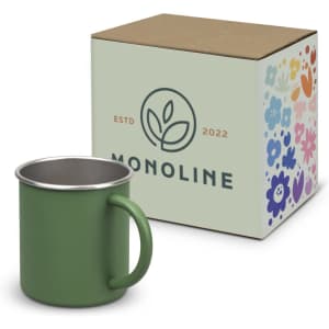 A green coffee mug with a stainless steel rim, accompanied by a floral-patterned box featuring a logo.