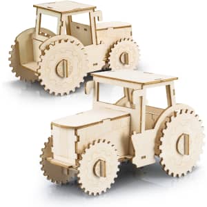 A wooden model of a tractor in natural wood colour, featuring detailed wheels and an open cabin design.