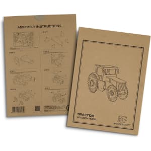 Assembly instructions for the BRANDCRAFT Tractor Wooden Model, featuring detailed steps and a simple line drawing of the tractor.