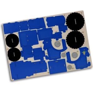 A blue wooden model kit of a tractor with black wheels, featuring various pieces for assembly.