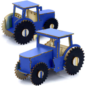 A wooden model of a blue tractor with black wheels, featuring a simple design and a visible internal structure.