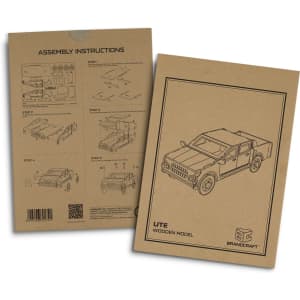 A wooden model assembly instruction booklet featuring a ute design, printed in black on a brown background.