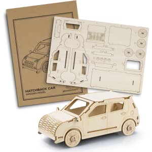 A wooden model of a hatchback car in natural wood colour, with a detailed assembly template included.