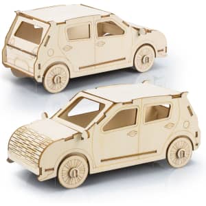 A wooden model of a hatchback car in a light natural finish, featuring intricate cut-out details and wheels.