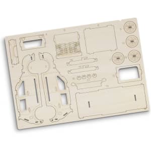 A wooden model kit of a hatchback car, featuring various detailed parts and a logo.